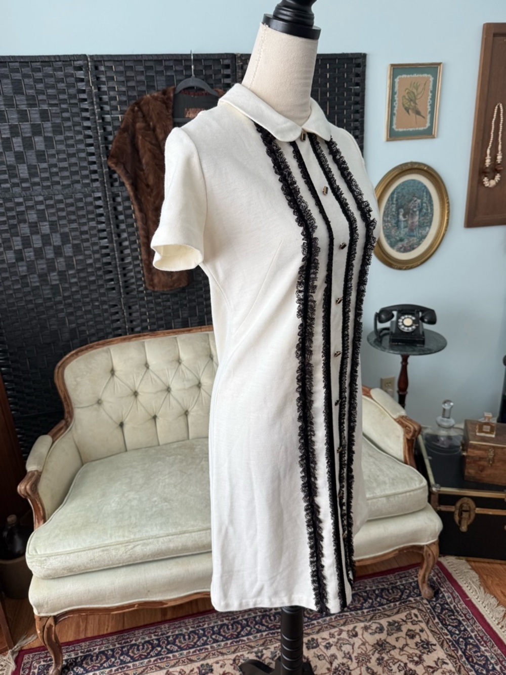 🖤 Vintage Gay Gibson Dress Lace Buttons Peter Pan Collar Mod Pin Up Fair Cond - Picture 4 of 9